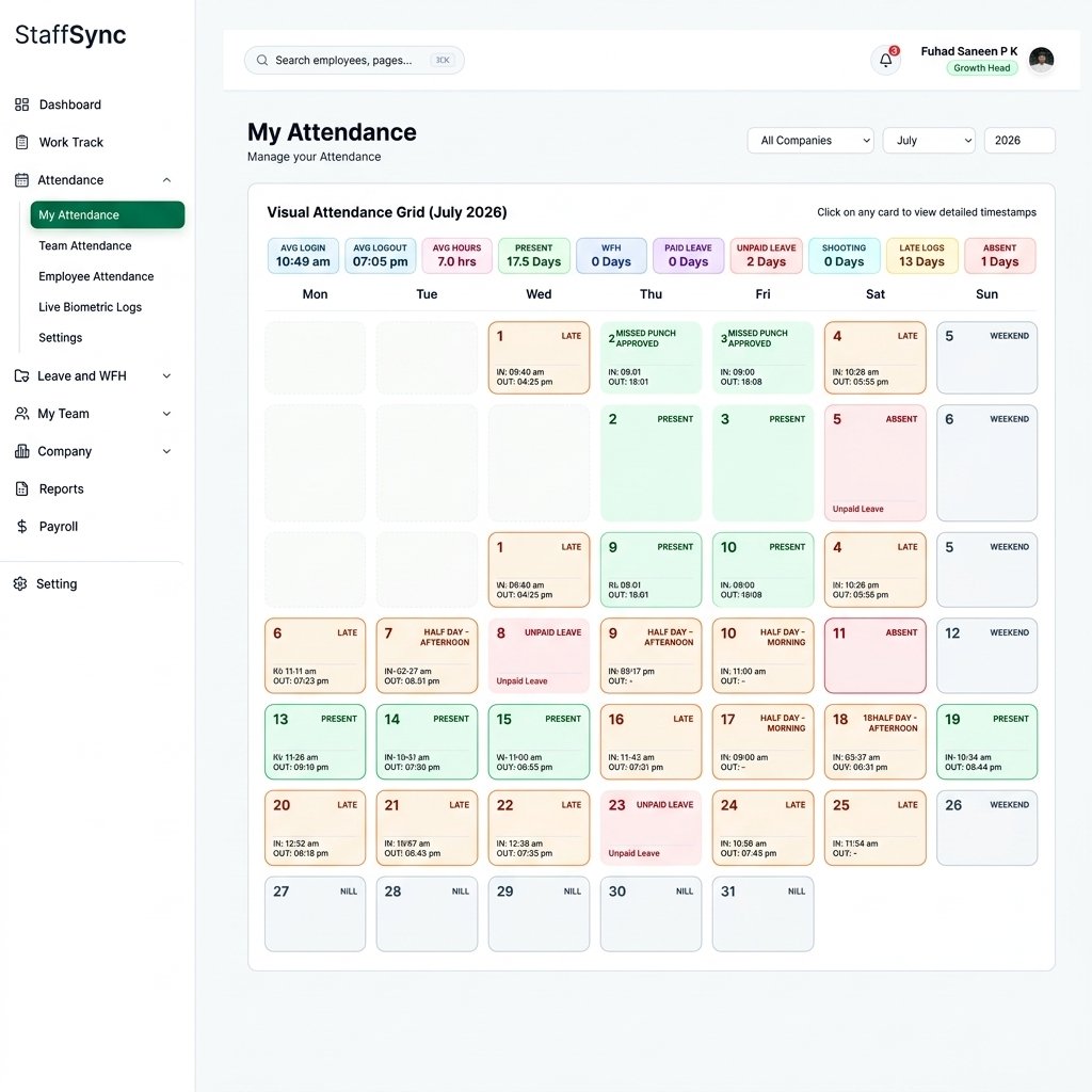 Employee Attendance & Shift Calendar View